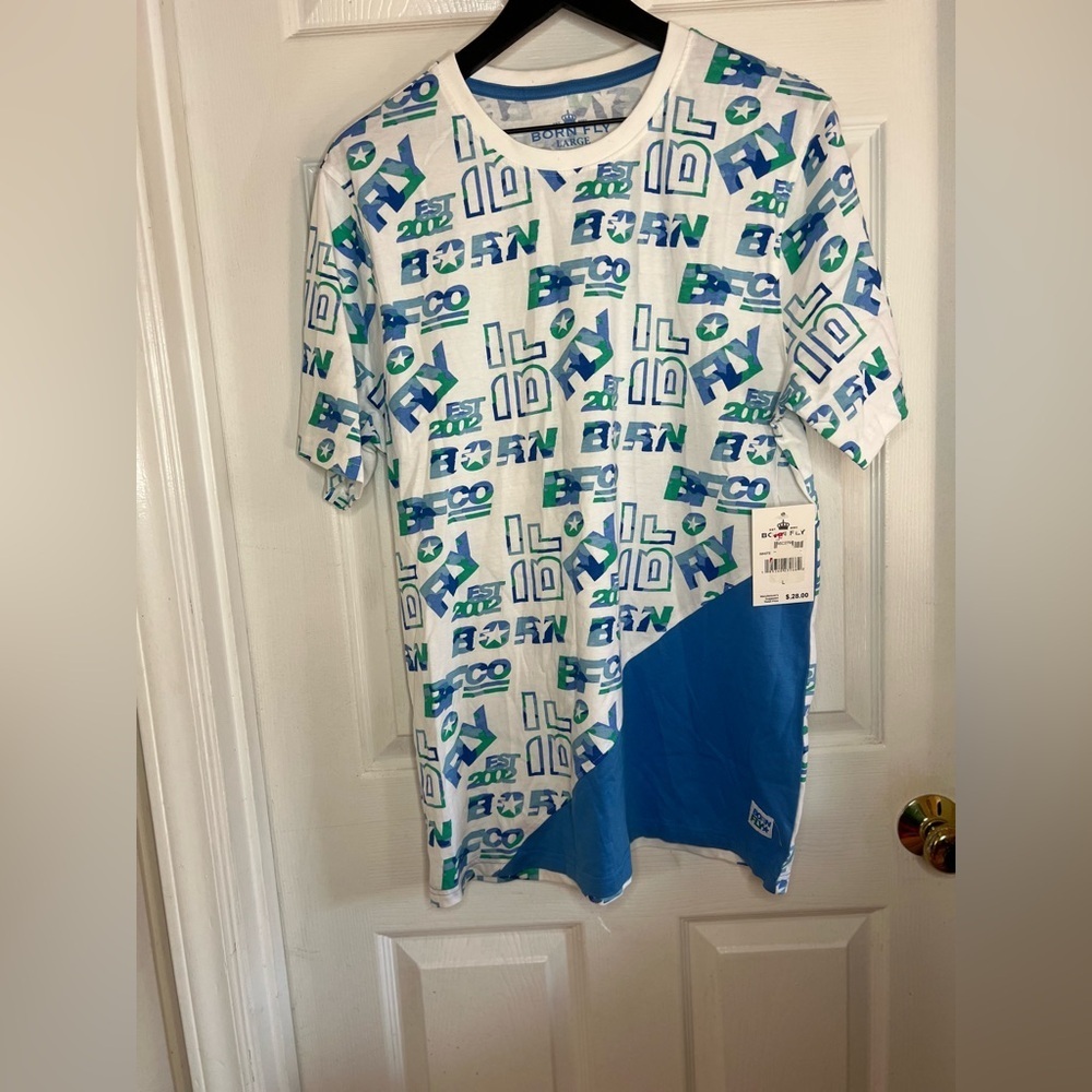 born fly all over print Graphic t-shirt Men’s Size Large Blue Green Street wear